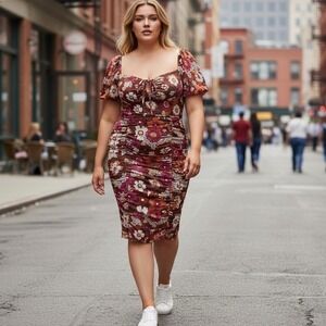 Madden NYC Dress Women XXL Brown Floral Mesh‎ Ruched Bodycon Cutout ND049AB03